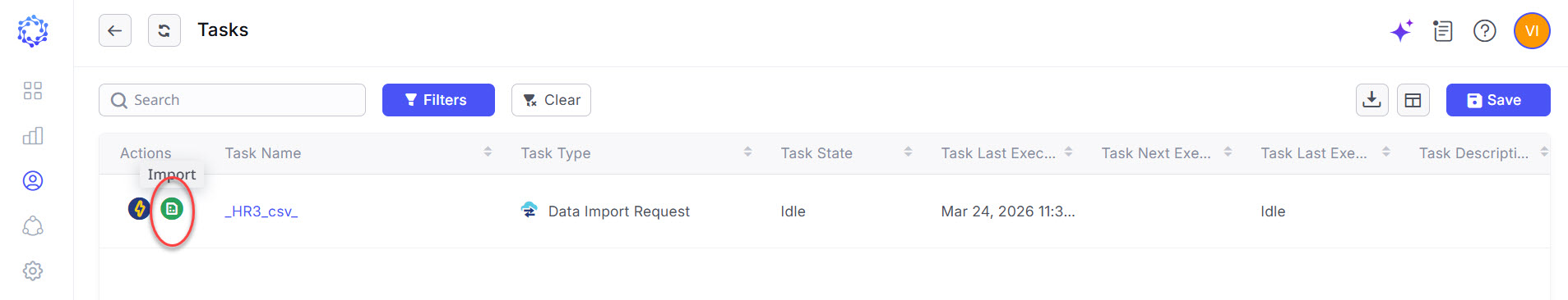 Import action on the Data Import task