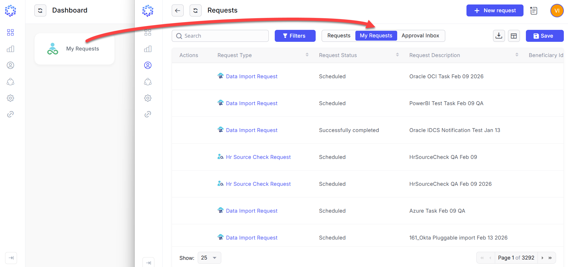 My Requests filtered grid