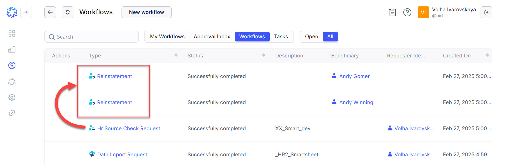 Workflows grid with all Reinstatements