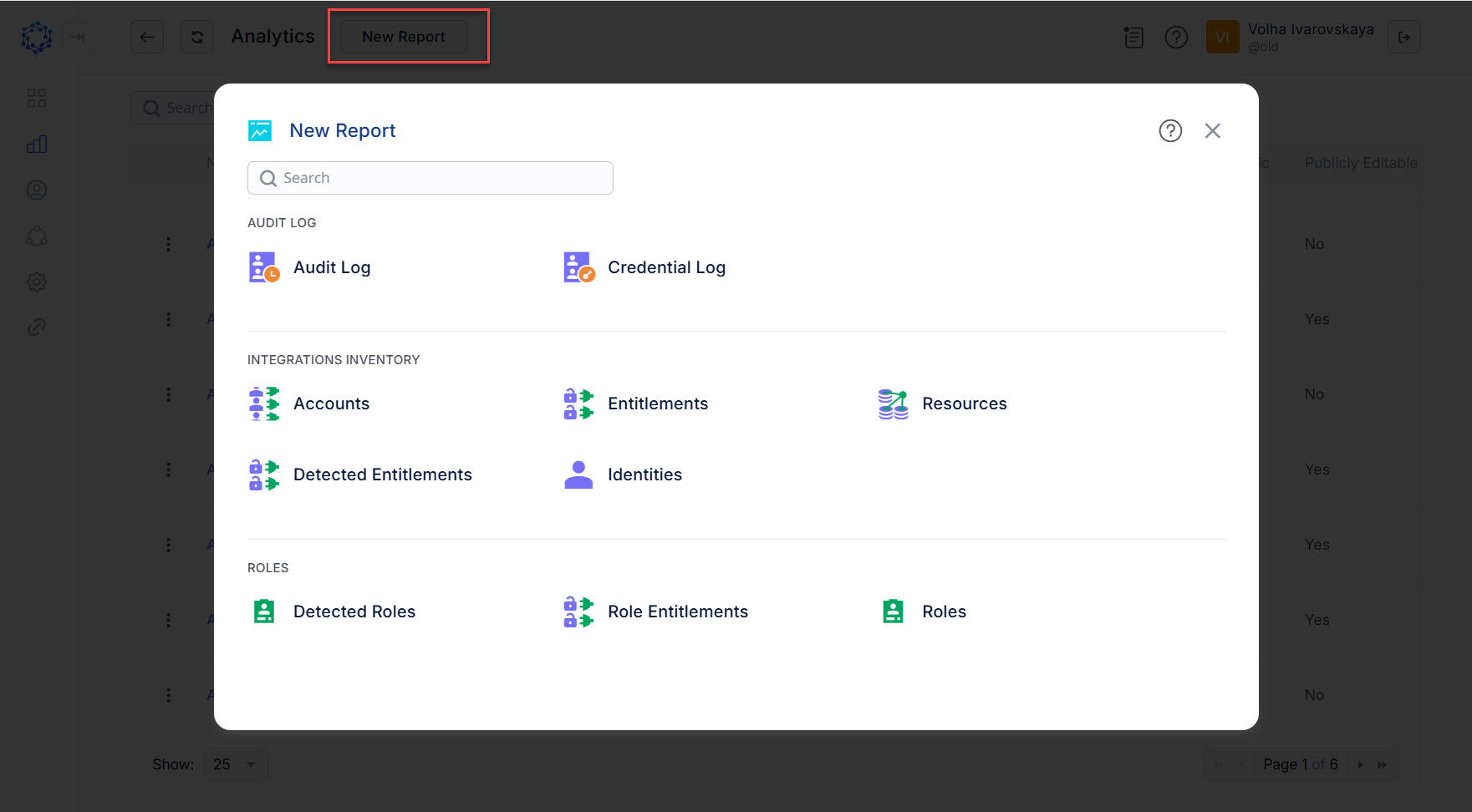 Selection of report types on the New report popup