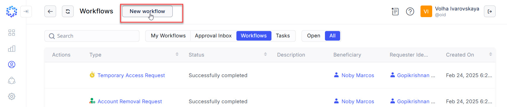 New workflow button in the Workflows area