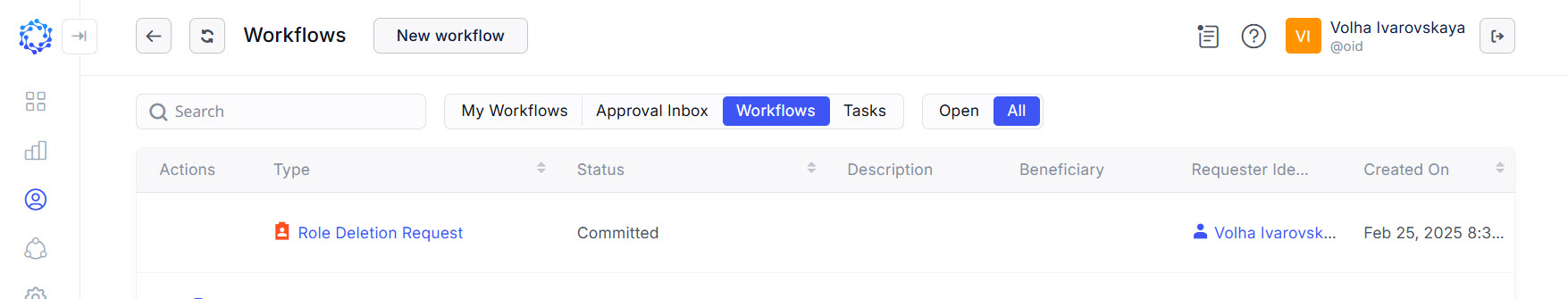 Workflows grid is added with a new Role Deletion Request workflow