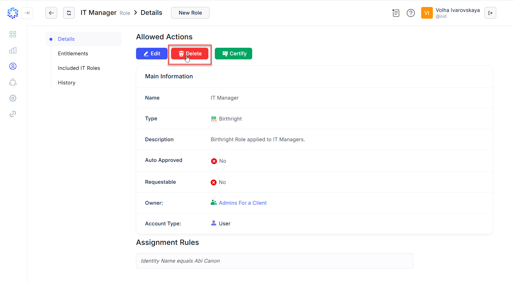 A role shows Details after being clicked in the Roles grid
