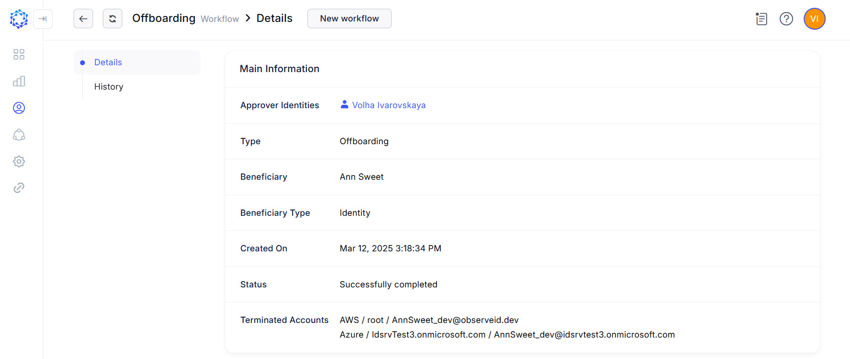 The Details page of the Offboarding workflow