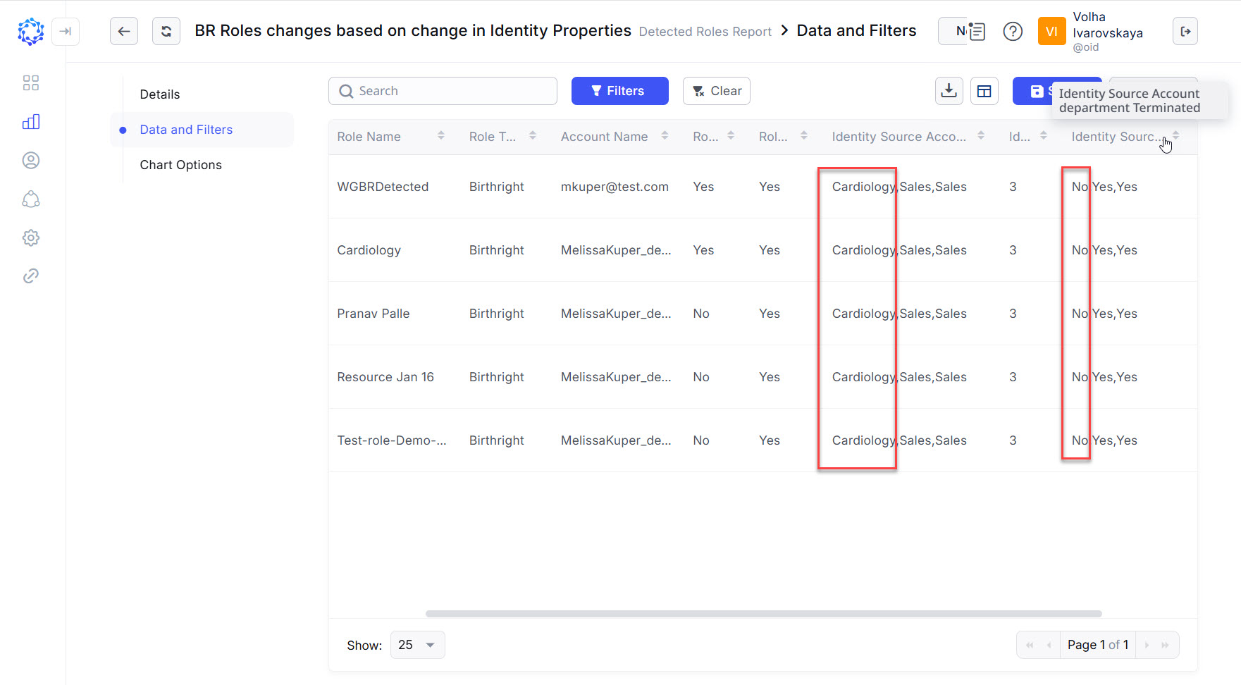 Example of the actual value for the Department property versus previously established values