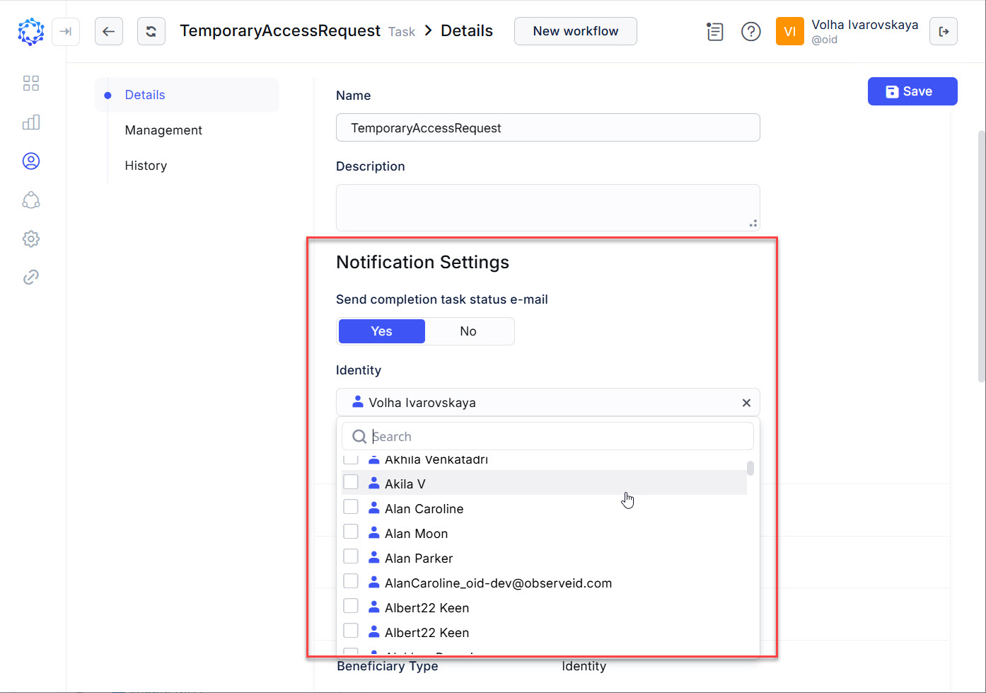 Notification Settings of a task