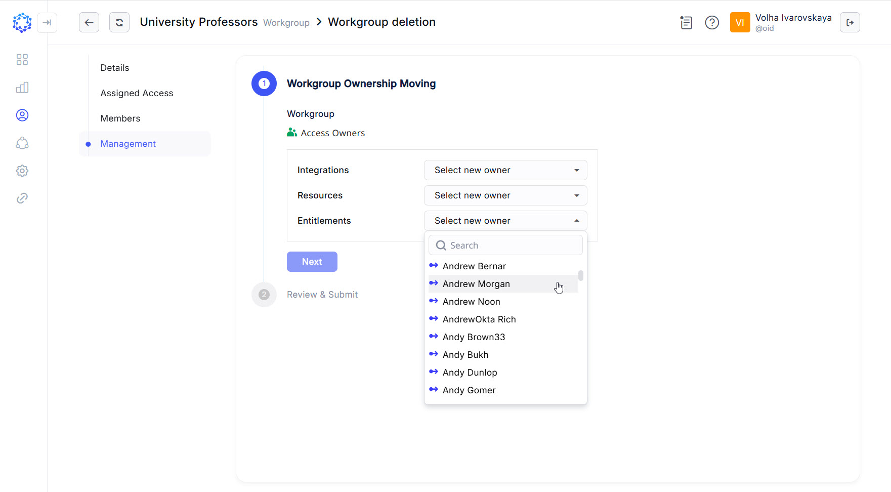 Selection of who to transfer the ownership to